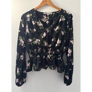 Gypsies & Moondust Black Floral Top Large Y2K‎ Ruched Waist Long Sleeve Boho